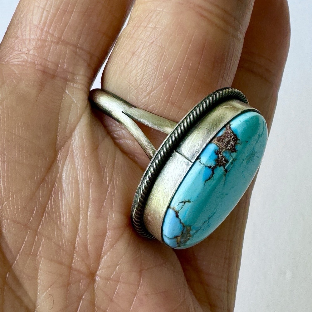 Navajo Golden Hills Ring Blue Turquoise Sz 7 Adj Signed Skeets Sterling Native - Picture 5 of 9